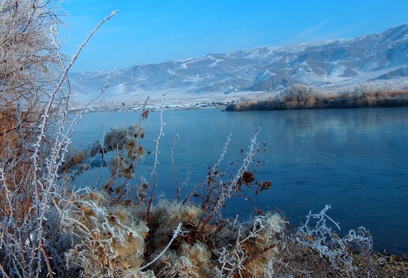 Winter on the river Ili, vicinities of natural boundary Tamgaly-Tas. Almaty area.